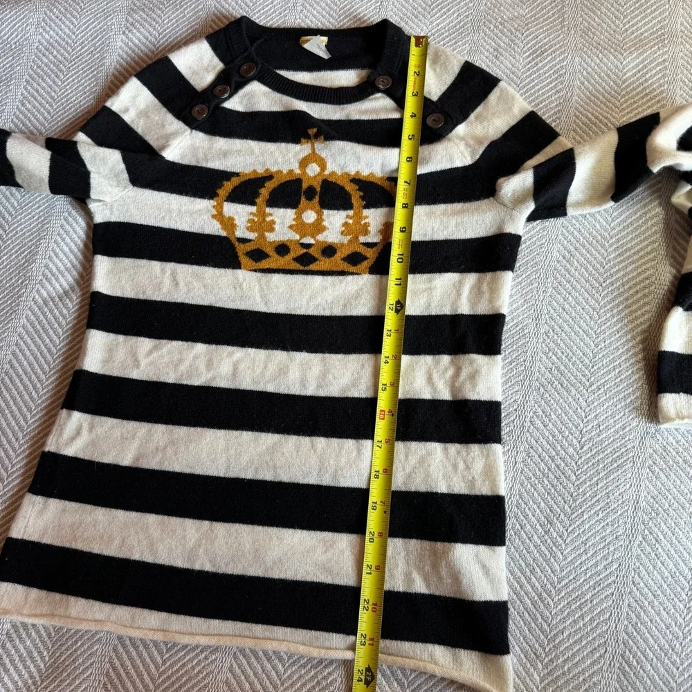J.Crew 100%‎ Cashmere Striped Crown Sweater Black White Gold Button Shoulder S